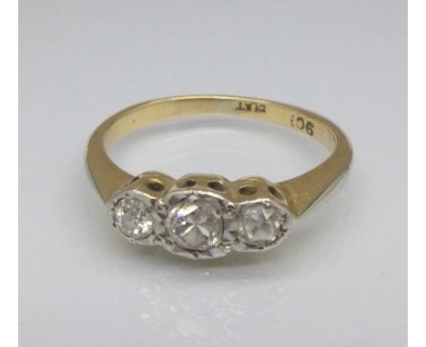 A 9ct gold, platinum set three stone diamond ring, 0.5 carat total diamond weight, 2.3g, L