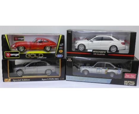 Four 1:18 scale model vehicles, Burago E-Type Jaguar, Minichamps Mercedes Benz E-class 2009 and two others