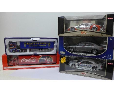 Three 1:18 scale model motor cars and two articulated lorries including Corgi, Scania R curtainside