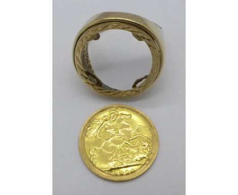 A 1914 half sovereign with a 9ct ring mount, a/f, 3.9g and 5.2g