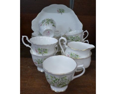 Royal Albert tea ware, Friendship Series of 12, Hawthorn pattern including five cups, six saucers, six plates, cream and suga