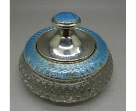 A silver and enamel topped glass powder jar, enamel a/f