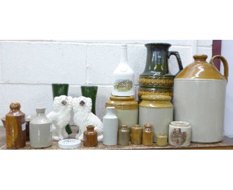 A collection of stoneware, Denby, Staffordshire dogs, a Spode hunting scene decanter, etc.