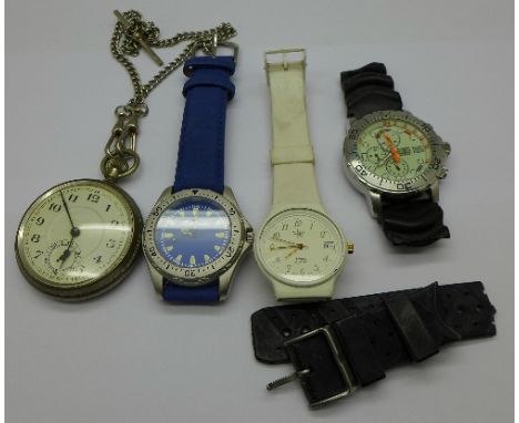 A pocket watch and three wristwatches