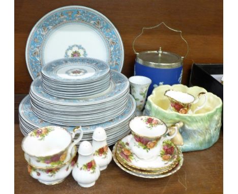 A collection of china including Royal Albert Old Country Roses, Wedgwood Florentine, a Wedgwood Jasperware biscuit barrel and