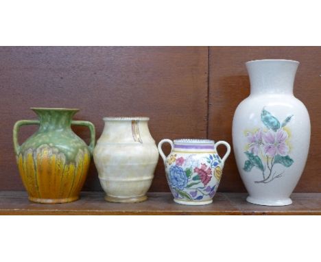 Four vases, Poole, Crown Ducal, Avon Ware and Crown Devon, height of tallest 30cm