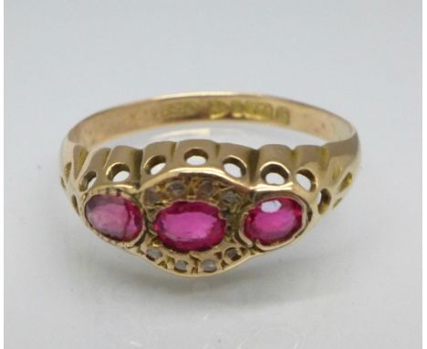 A 9ct gold, diamond and pink stone ring, Chester 1916, 1.5g, O