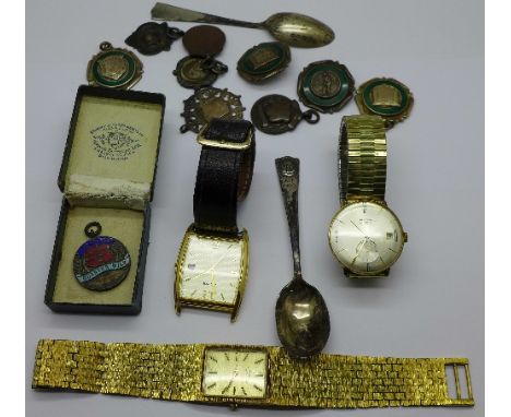 Two silver spoons, cricket and football medals and fobs including three silver, gentleman's watches including Rotary, Avia, A