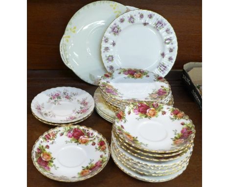 Royal Albert china; tea plates and saucers including Old Country Roses and Lavender Rose and five pieces of Royal Doulton Mar