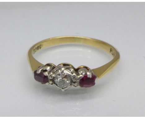 An 18ct gold, platinum, ruby and diamond ring, 2.6g, N