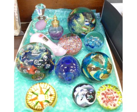 Paperweights including Caithness and Langham, and two scent bottles, (12)