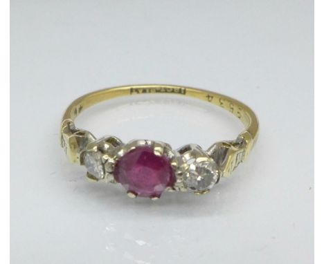 An 18ct gold, platinum set ruby and diamond ring, 2.1g, M