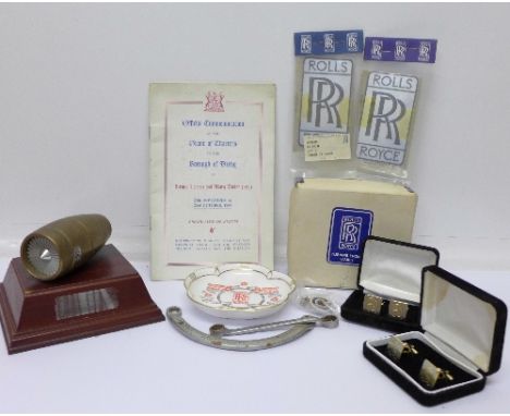 Rolls Royce; a model jet engine on base, two emblems in original packs, two spanners, a Royal Crown Derby commemorative dish,