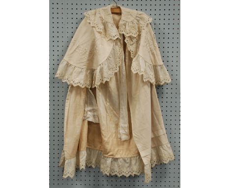 LADY'S EDWARDIAN CREAM AND FLORAL BRODERIE ANGLAISE FULL LENGTH EVENING CLOAK, together with a  LADY'S BROWN DYED ERMINE JACK