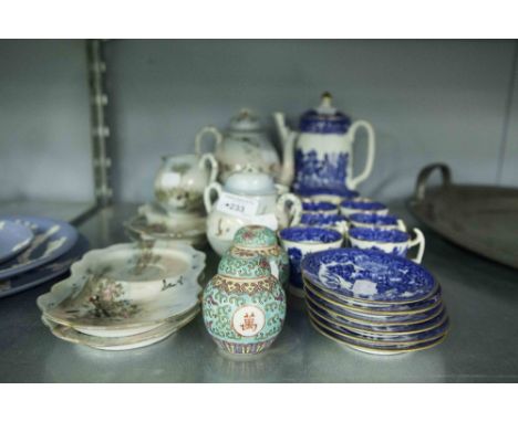 A SPODE BLUE AND WHITE COFFEE SERVICE FOR FIVE PERSONS AND A JAPANESE EGG SHELL PART COFFEE SERVICE WITH TYPICAL BIRD DECORAT