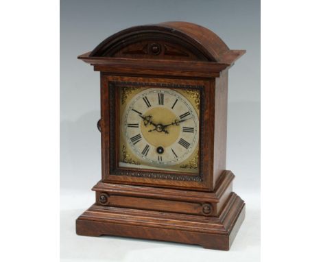 A late 19th century oak bracket timepiece, architectural case, Roman numerals, single winding holes, c.1890 