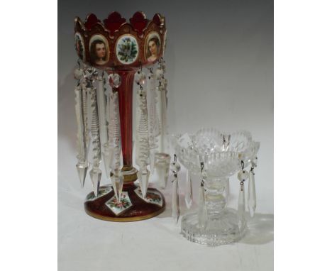 A 19th century Bohemian ruby lustre, painted with alternating floral sprays and classical heads, clear prismatic droplets, 27