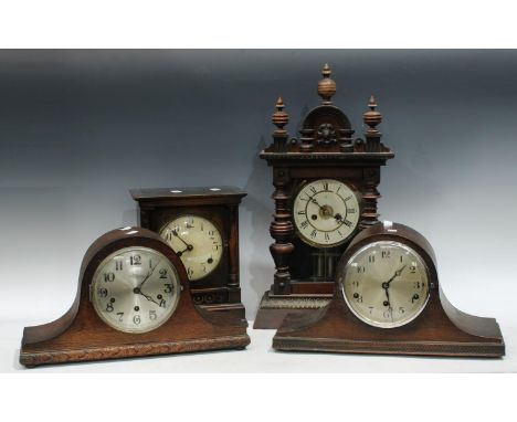 Clocks - A late 19th century Junghan's mantel clock, architectural oak case, others American;  Westminster chiming etc (4) 