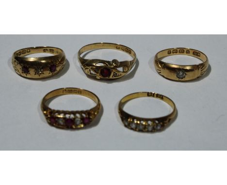 An 18ct gold ring, set with ruby and diamond chips, other 18ct gold rings set with stones, 12g (5) 