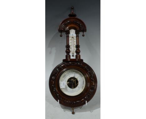 A late 19th century mahogany aneroid wall barometer with thermometer, 44cm high 