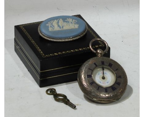 A 19th century continental silver half hunter pocket watch, enamel roman numerals to case, painted floral dial; a Wedgewood b