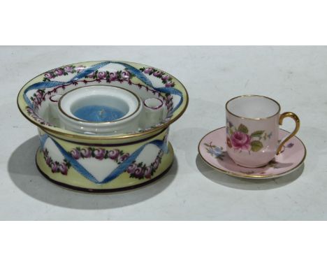 A French inkwell, painted with swags of roses, painted mark in blue, 12cm diameter; a Shelley miniature coffee cup and saucer