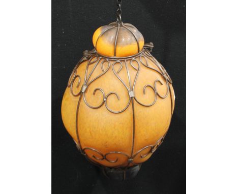 An Italian blown orange opaque glass and open metalwork hanging lantern, approx. 50cm, c.1950s 