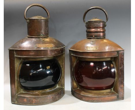 Maritime Interest - a 19th century copper ship's lantern, Starboard, 54cm high over handle; another similar, Port, 52cm high 