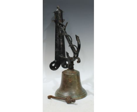 Maritime Interest - a late 19th century verdigris patinated bronze bell, mounted on wrought iron wall bracket modelled as a l