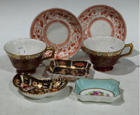 A Royal Crown Derby 1128 pattern rounded rectangular trinket dish, year cypher for 1940; a 2451 pattern crescent shaped trink