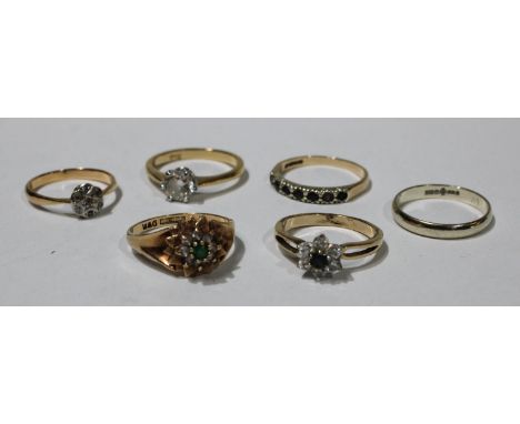 A 9ct gold dress ring, set with diamond chips; three other 9ct gold rings, 8.4g; two fashion rings (6) 