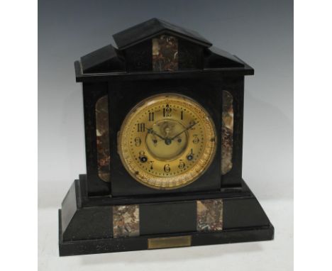 A French slate architectural mantel clock, Ansonia movement, 34cm, key 