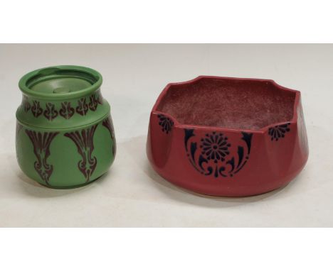 Lovatts Langley Ware tobacco jar and cover, Art Nouveau style pink lustre motif pattern on a green ground, printed marks to b