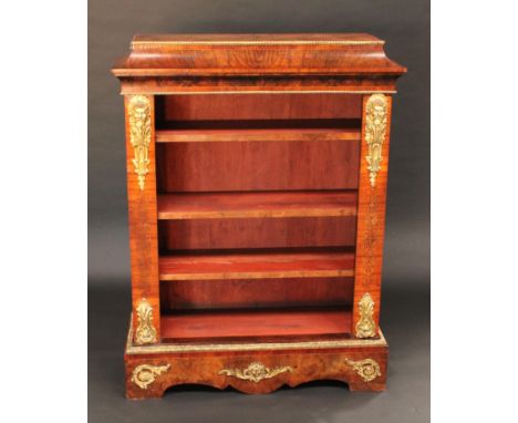 A Victorian Franglais gilt metal mounted walnut open bookcase, caddy top with matched veneers, crossbanded and outlined with 