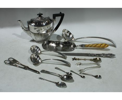 Silver and EPNS- a silver hafted knife; Dutch silver spoon; EPNS crumb tray, ladle, tea pot, etc 