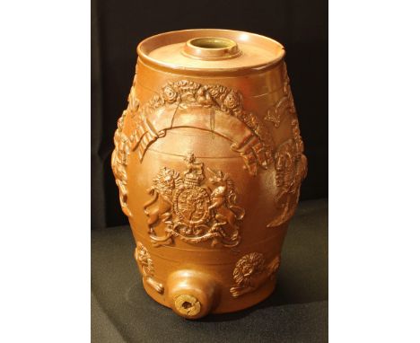 A 19th century salt glaze stoneware spirit barrel, coat of arms and knight sprigs, 29cm high 