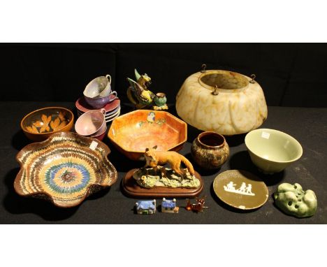 A Royal Doulton green glazed flower rock, printed mark'  a Nullers Celedon bowl, 15v, diam;  a Cantigalli griffin candlestick