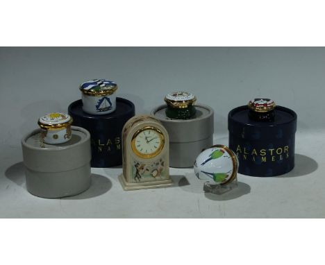 An Alastor Enamels patch box, hinged cover, Celestial 02206, boxed; others, Perfection, Black Cat, You Can Never Be, all boxe