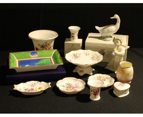 A Royal Worcester Lazy Days pattern rectangular tray, boxed; a Royal Worcester miniature blush type vase, applied with gilt d