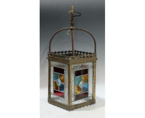 Lighting - an early 20th century stained leaded glass hall lantern, four panels, hanging loop, fitted for electricity
