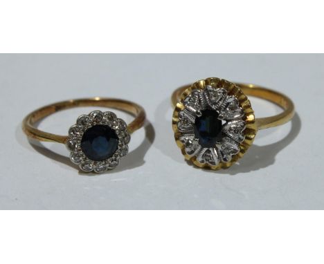 An 18ct gold diamond and sapphire cluster ring, 4g; an 18ct gold diamond and sapphire cluster ring, 2.2g (2) 