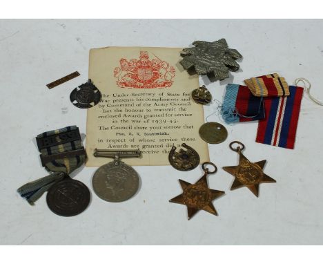 Medals - WWII medals, a silver fob, enamel pin badge, Glasgow Highlanders Light Infantry cap badge, a Royal Life Saving Socie