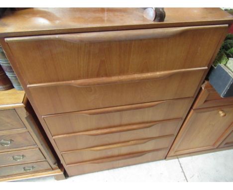 Mid-century teak two door wardrobe, similar chest of six drawers and another of four drawers W92cm D57cm H176cm max (3) 