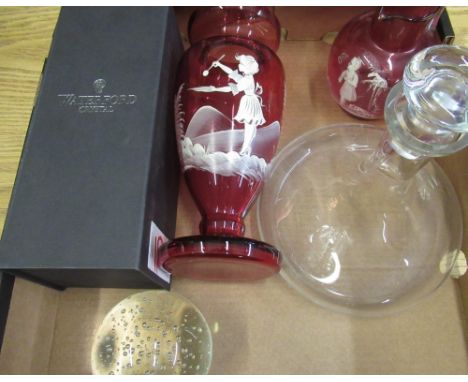 Boxed Waterford Butterfly Bud vase H20cm, Mary Gregory style ruby tinted vase, similar jug, ships decanter and a bubble glass