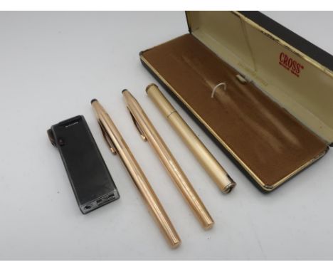 Cross 14ct gold rolled fountain pen and roller ball writing set in original box, electronic pipe lighter and a Colibri cigare