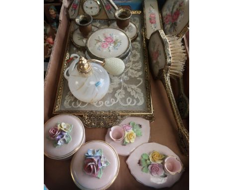 Vintage gilt metal dressing table set with embroidered details including: clock, tray, candlesticks etc, a Caithness perfume 