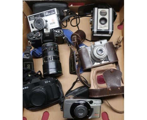 Box of various cameras including: Kodak Duaflex, a Miranda SLR camera, a Koroll 24, a Canon Sureshot 105 zoom etc 