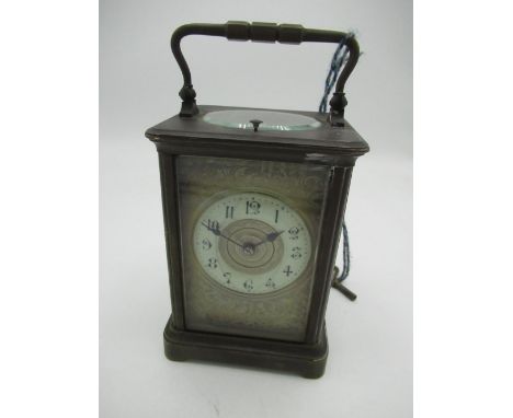 Early 20th C French brass carriage clock, bright cut dial with enameled chapter and bright cut centre, cylinder platform esca