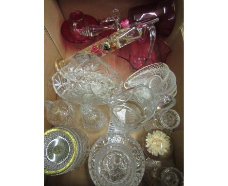 Galileo thermometer, a collection of cut glass hand bells, baskets, bowls ,  a floral paperweight and a collection of pink gl