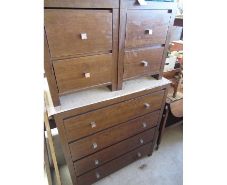 Dark wood finish bedroom suite comprising 2 door wardrobe, a chest of 4 long drawers and a pair of 2 drawer bedside cabinets 